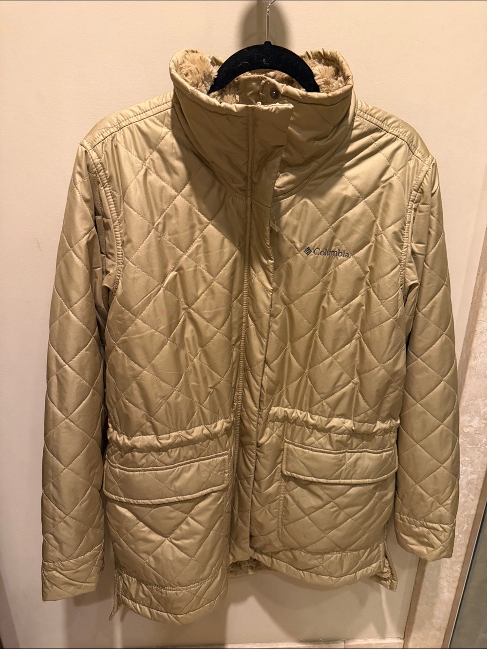Columbia Beige Quilted Woman’s Quilted Jacket with Faux-Fur/Sherpa Lining